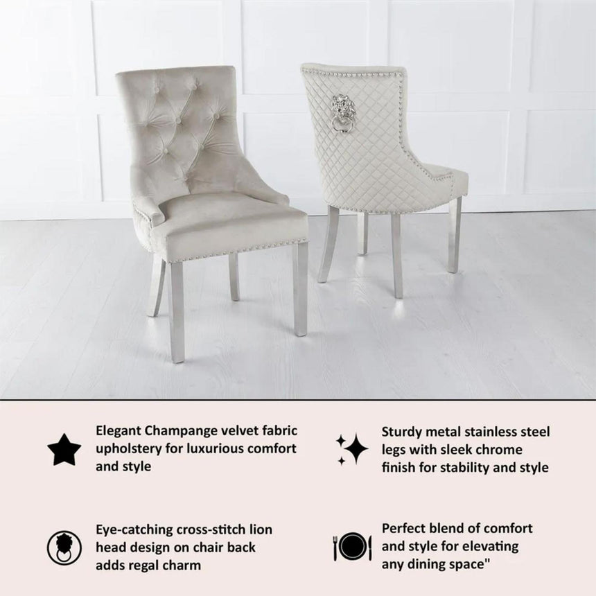 Lion Knocker Back Champagne Velvet Fabric Dining Chair with Chrome Legs-7