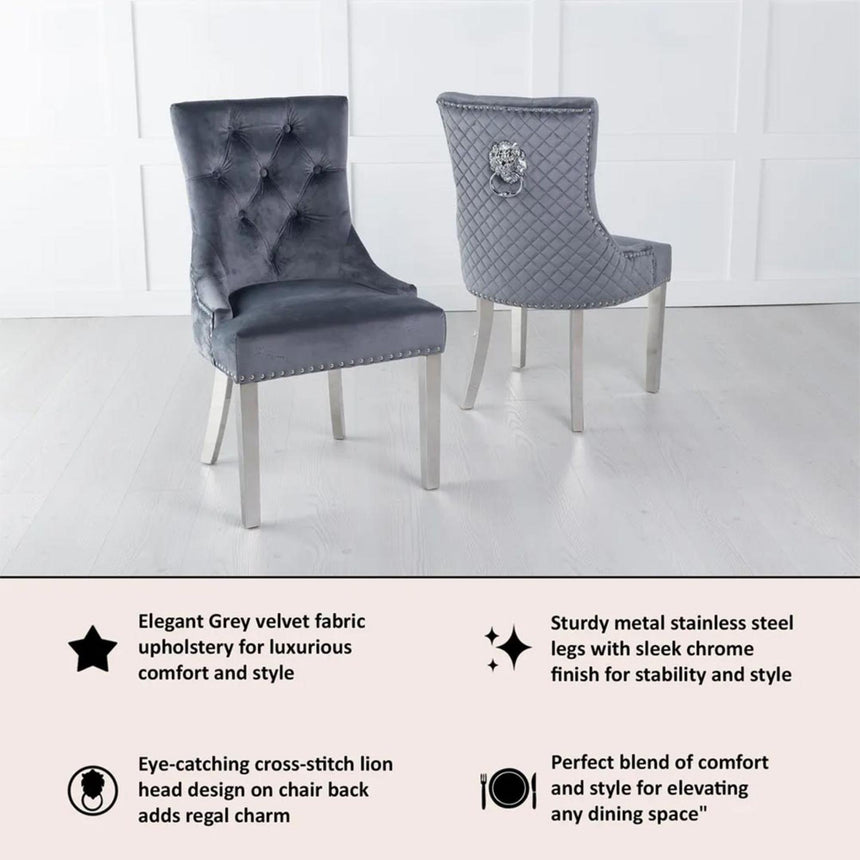 Lion Knocker Back Grey Velvet Fabric Dining Chair with Chrome Legs-7