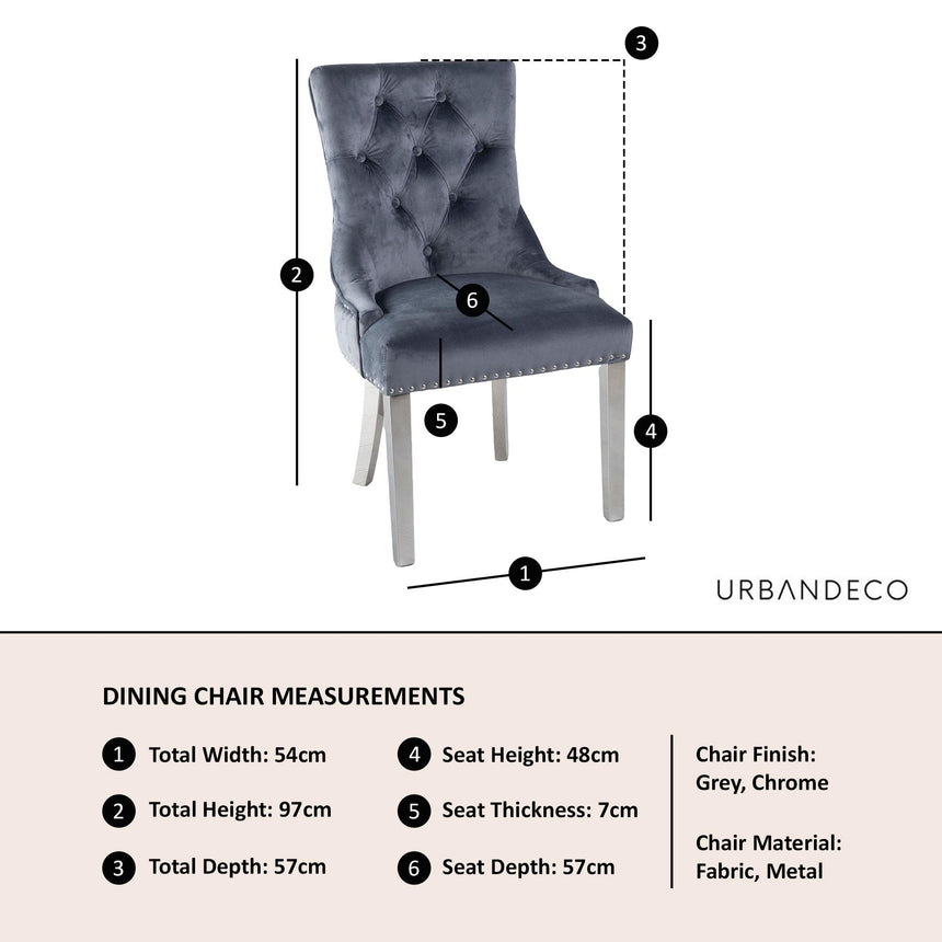 Lion Knocker Back Grey Velvet Fabric Dining Chair with Chrome Legs-8