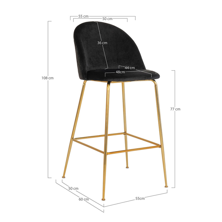 2 x Lausanne Black Velvet Fabric Barstool with Gold Legs-5
