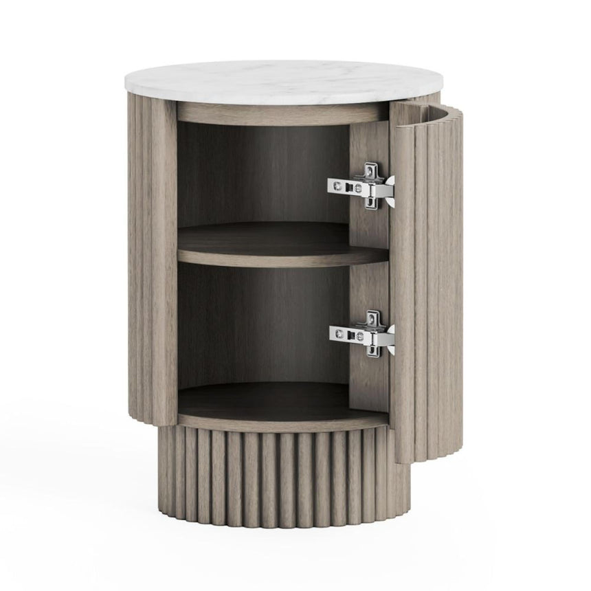 Isabella Grey 1 Door Fluted Round Side Table with White Marble Top-2