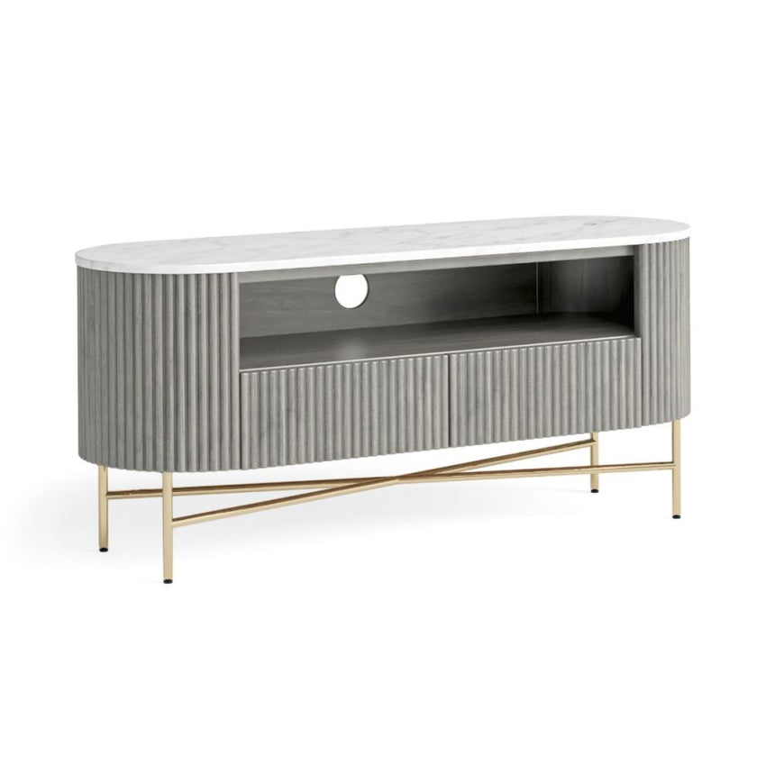 Isabella Grey 120cm Fluted Curved Storage TV Unit with White Marble Top-2