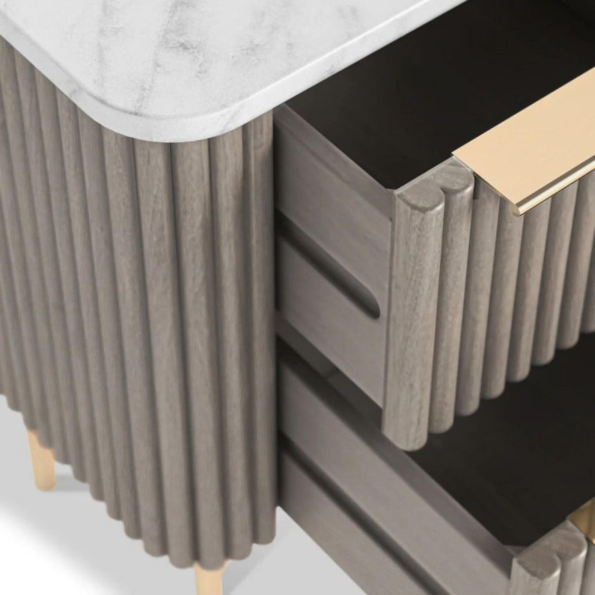 Isabella Grey 2 Drawer Fluted Bedside Table with White Marble Top-5