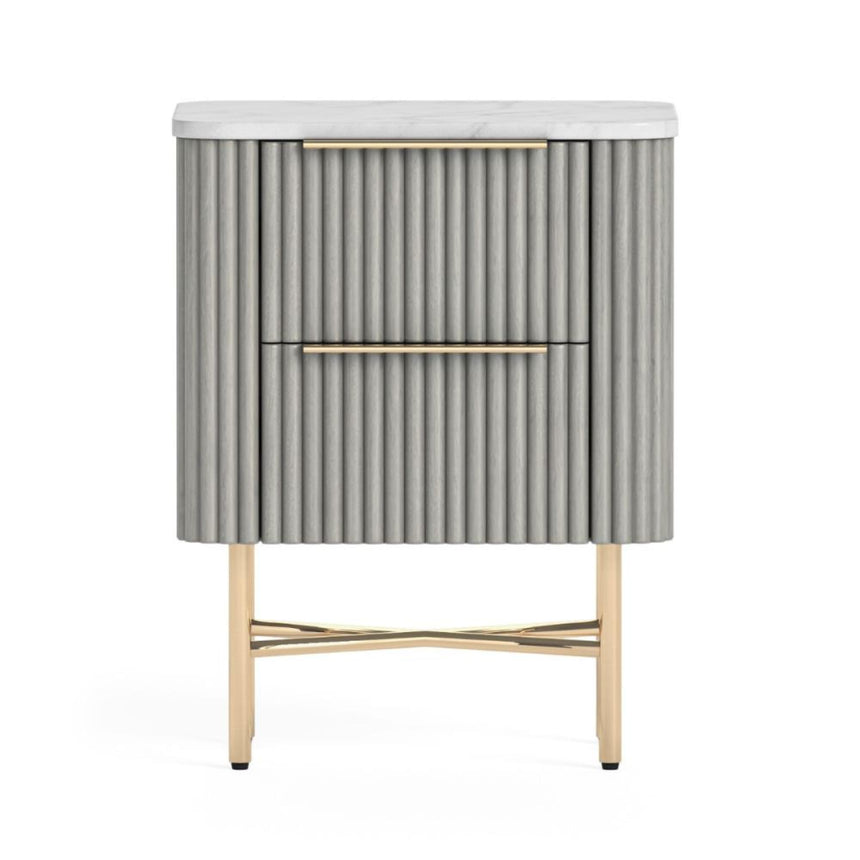Isabella Grey 2 Drawer Fluted Narrow Bedside Table with White Marble Top-3