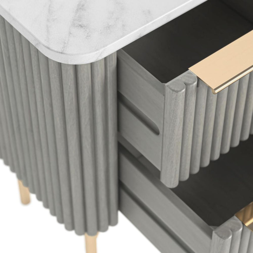Isabella Grey 2 Drawer Fluted Narrow Bedside Table with White Marble Top-5