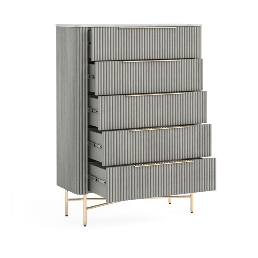 Isabella Grey 5 Drawer Fluted Chest with White Marble Top-2
