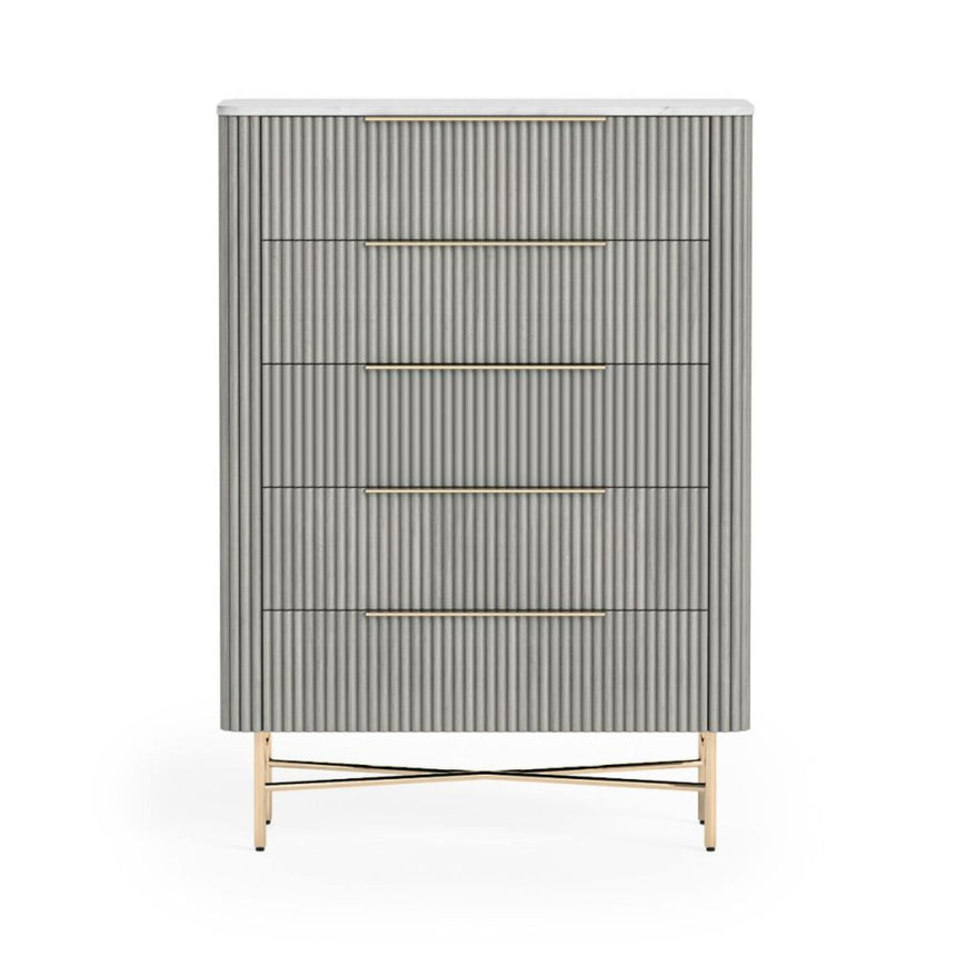 Isabella Grey 5 Drawer Fluted Chest with White Marble Top-3