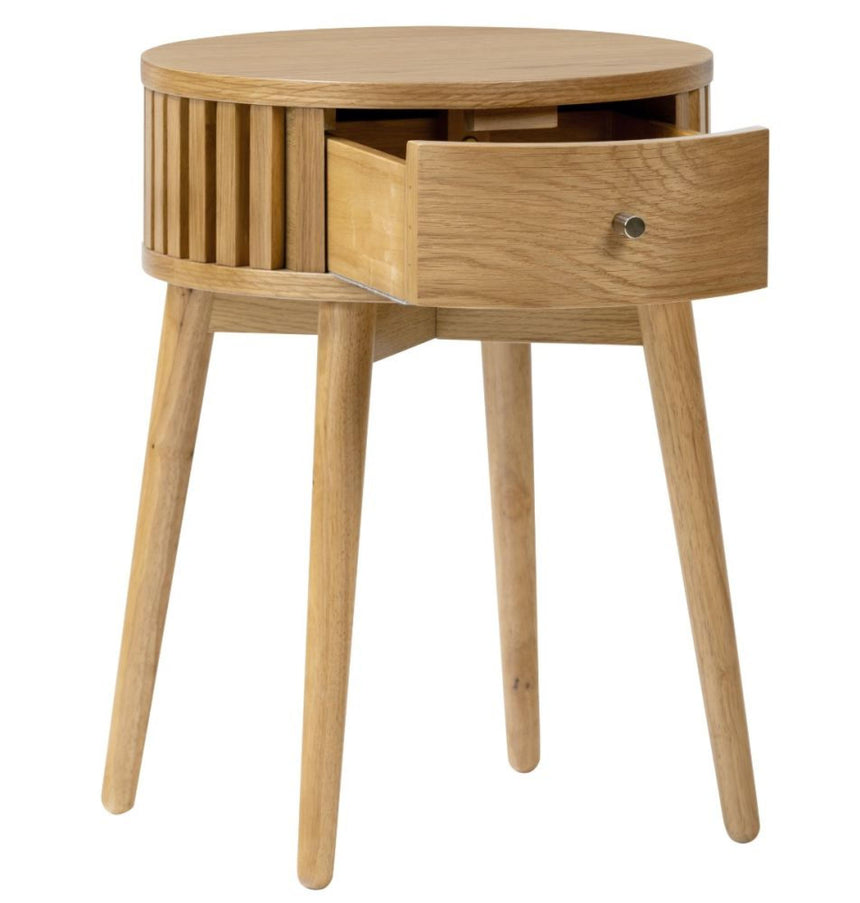 Soho Oak 1 Drawer Slatted Round Side Table-2