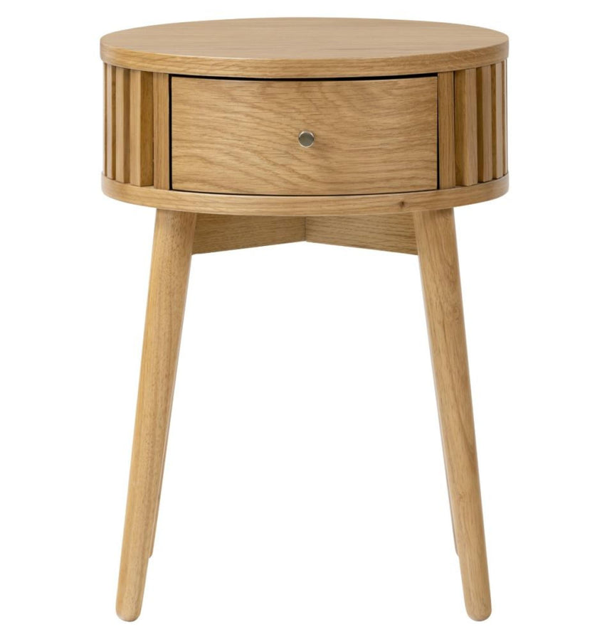 Soho Oak 1 Drawer Slatted Round Side Table-3
