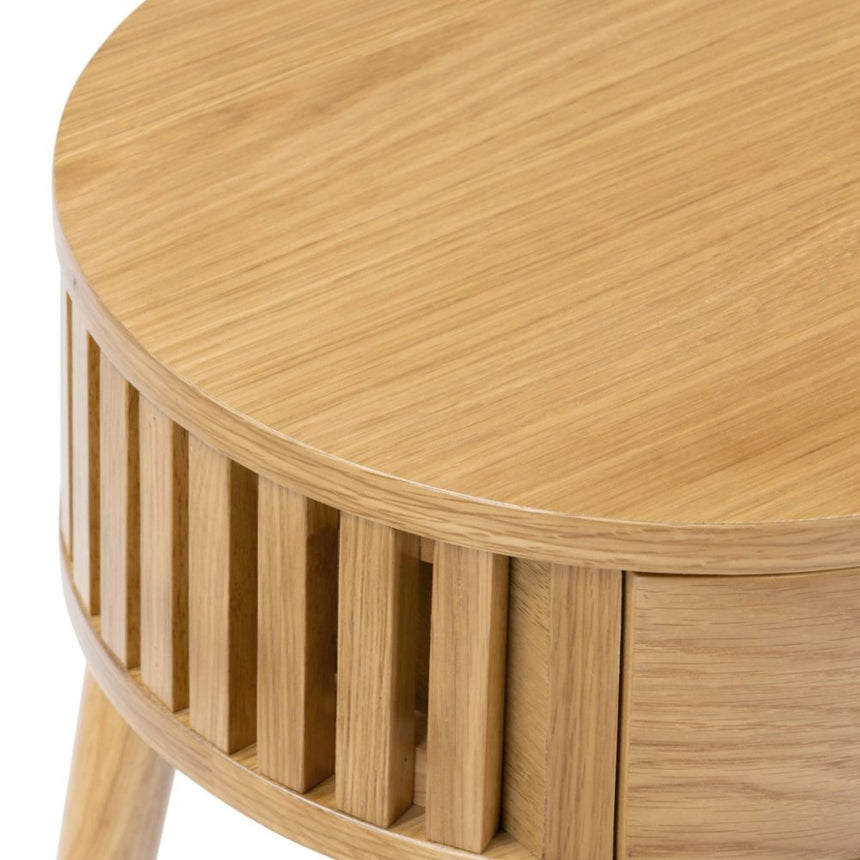 Soho Oak 1 Drawer Slatted Round Side Table-4