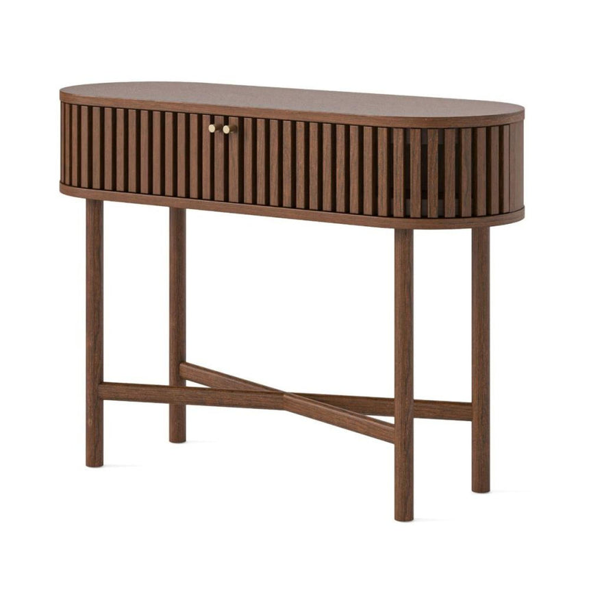 Soho Dark Oak 2 Door Slatted Oval Console Table-2