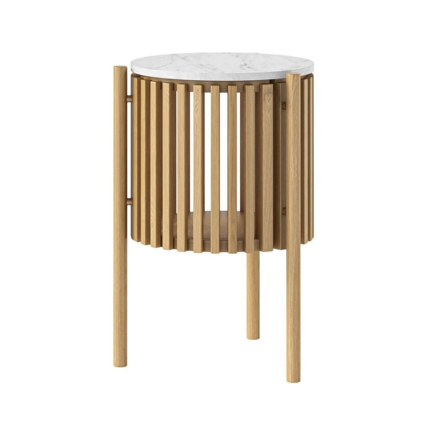 Soho Oak 1 Door Slatted Story Round Side Table - White Marble Top-2