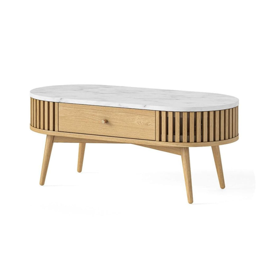 Soho Oak 1 Drawer Slatted Oval Coffee Table - White Marble Top-2