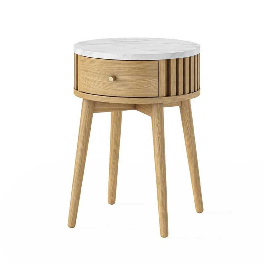Soho Oak 1 Drawer Slatted Round Side Table - White Marble Top-2