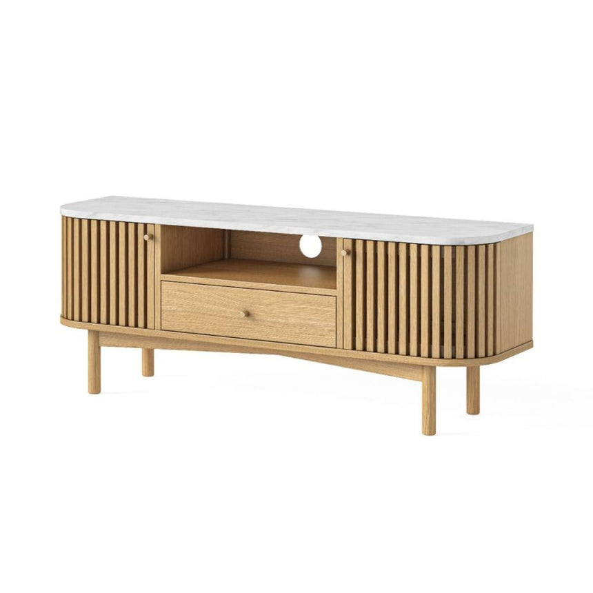 Soho Oak 130cm Slatted Small Storage TV Unit - White Marble Top-2