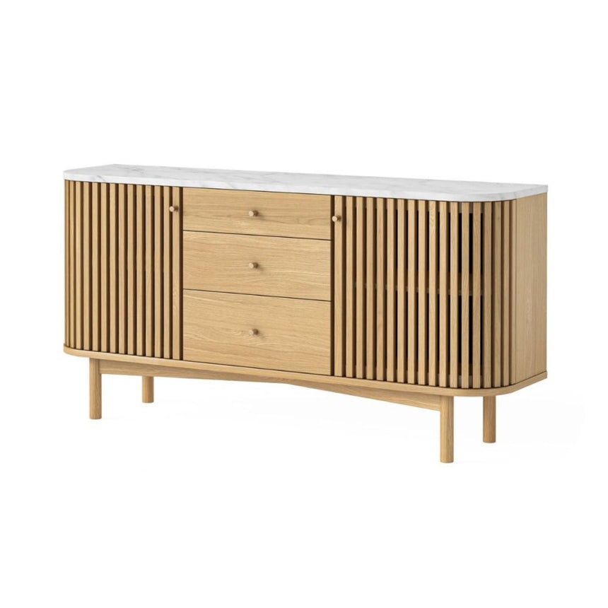 Soho Oak 2 Door Slatted Sideboard - White Marble Top - 140cm-2