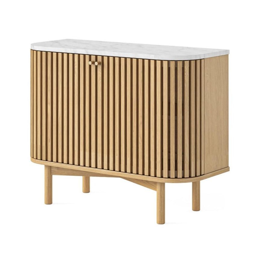 Soho Oak 2 Door Slatted Small Sideboard - White Marble Top-2
