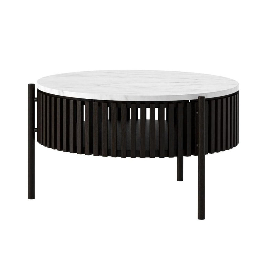 Soho Black 1 Door Slatted Story Round Coffee Table - White Marble Top-2