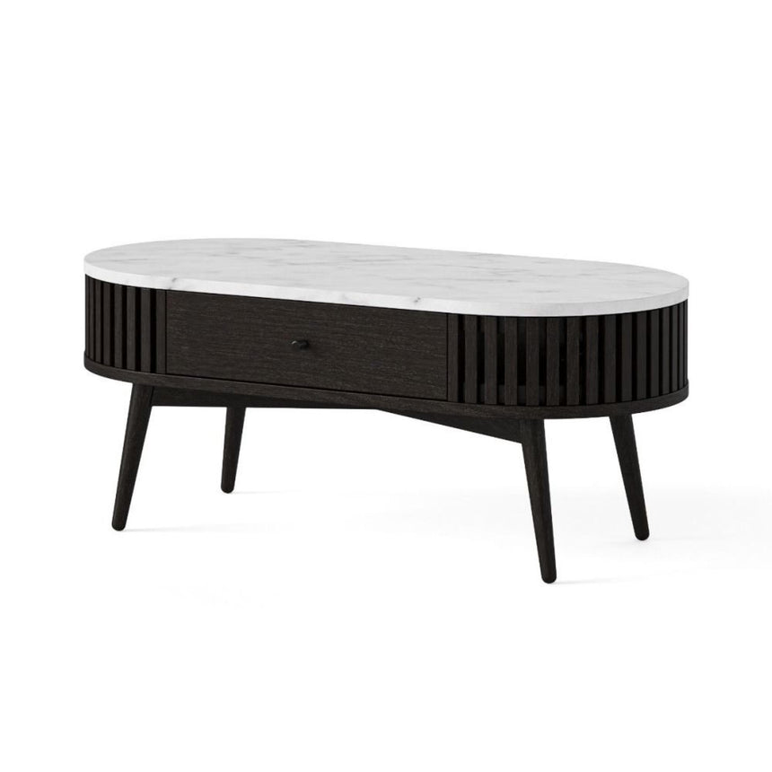 Soho Black 1 Drawer Slatted Oval Coffee Table - White Marble Top-2