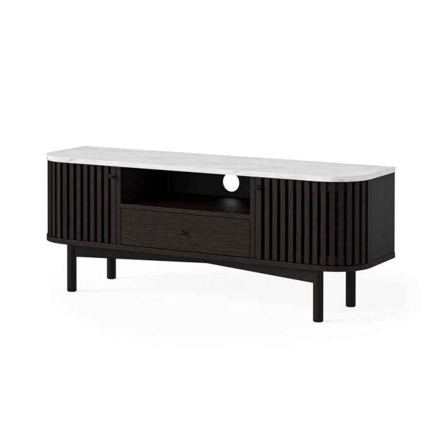 Soho Black 130cm Slatted Small Storage TV Unit - White Marble Top-2