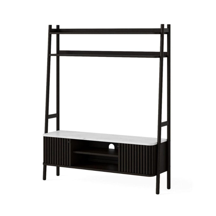 Soho Black Slatted Ladder Storage TV Unit - White Marble Top-2