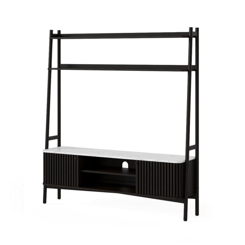 Soho Black 165cm Slatted Ladder Large Storage TV Unit - White Marble Top-2