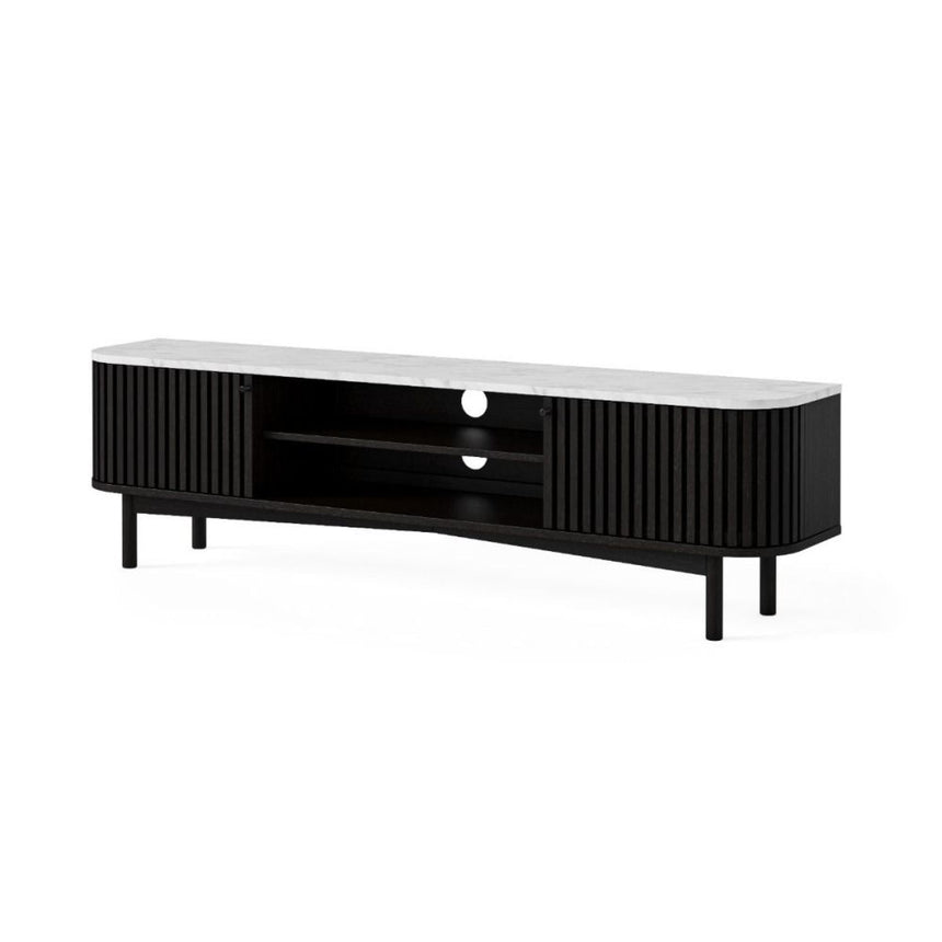 Soho Black 180cm Slatted Large Storage TV Unit - White Marble Top-2