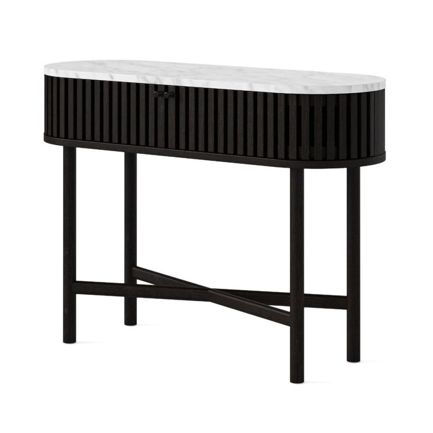 Soho Black 2 Door Slatted Oval Console Table - White Marble Top-2