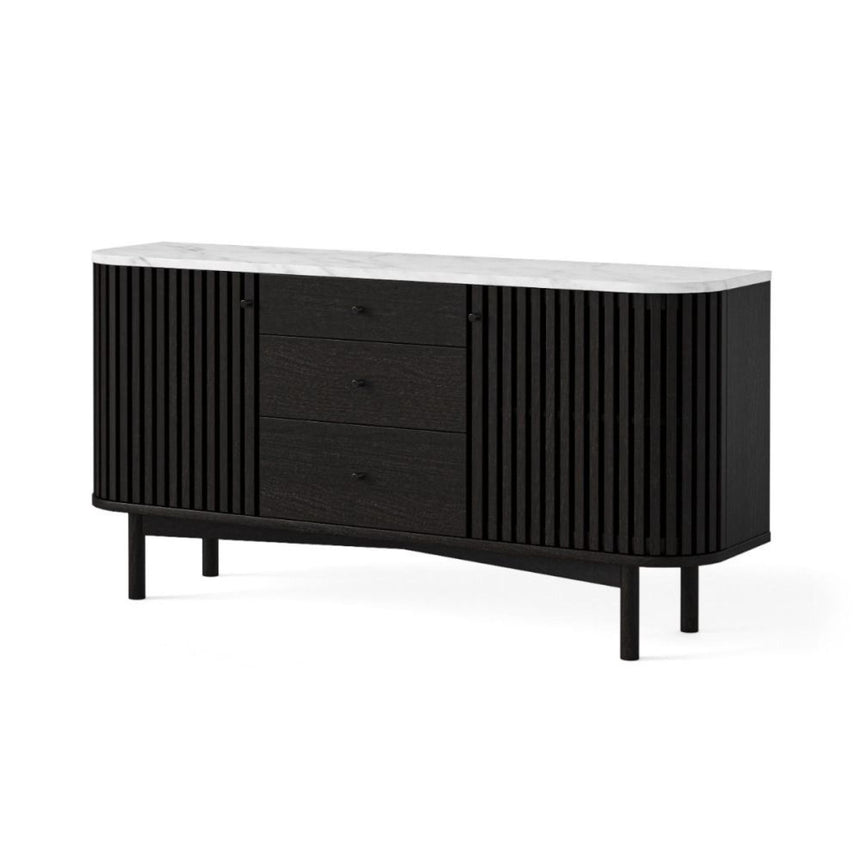 Soho Black 2 Door Slatted Sideboard - White Marble Top - 140cm-2