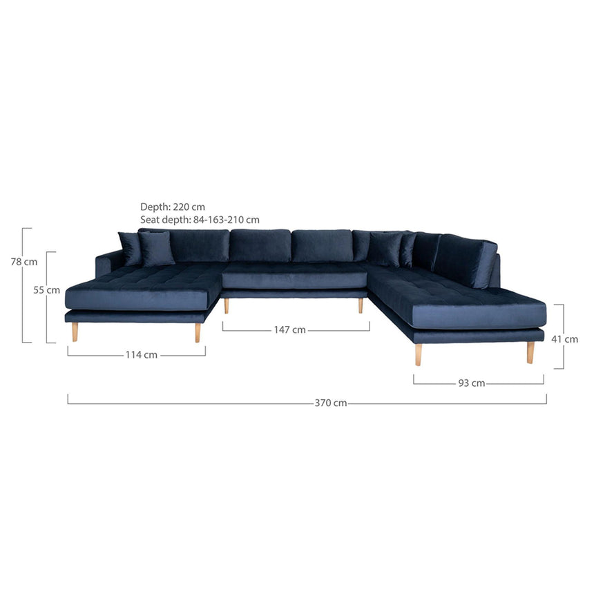 Lido Dark Blue Velvet Fabric Left Hand Facing U-Sofa Open End with Natural Legs-5