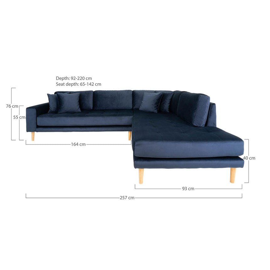 Lido Dark Blue Velvet Fabric Right Hand Facing Corner Sofa Open End with Natural Legs-3