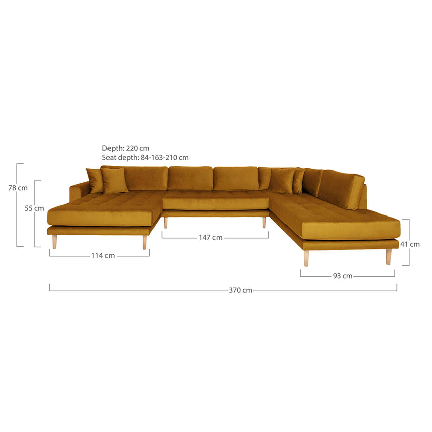 Lido Mustard Yellow Velvet Fabric Left Hand Facing U-Sofa Open End with Natural Legs-4