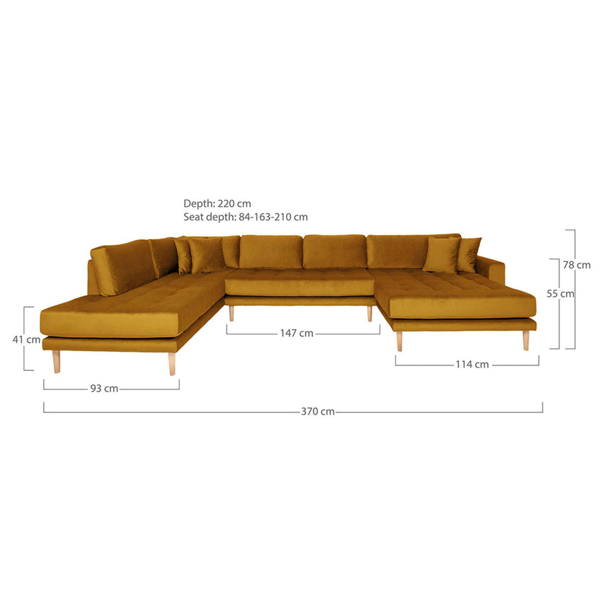 Lido Mustard Yellow Velvet Fabric Right Hand Facing U-Sofa Open End with Natural Legs-4