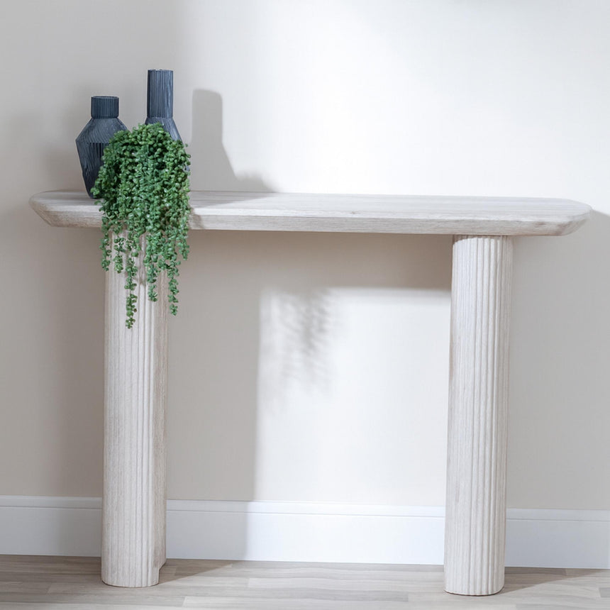 Bern Fluted White Washed Oak Effect Pedestal Console Table-2