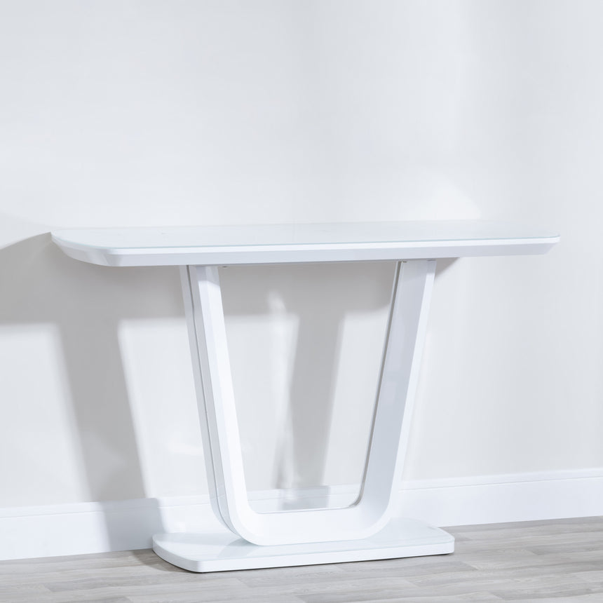 Bloomsbury White Glass Console Table with V Base