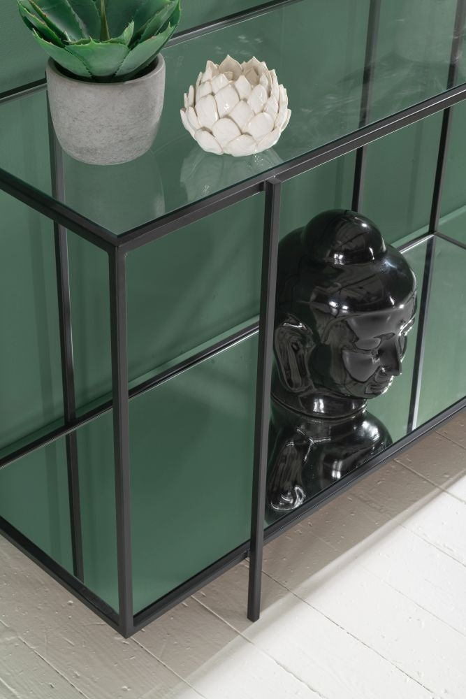 Hyde Black Metal Console Table, Clear Glass Top with Mirrored Bottom Shelf-2