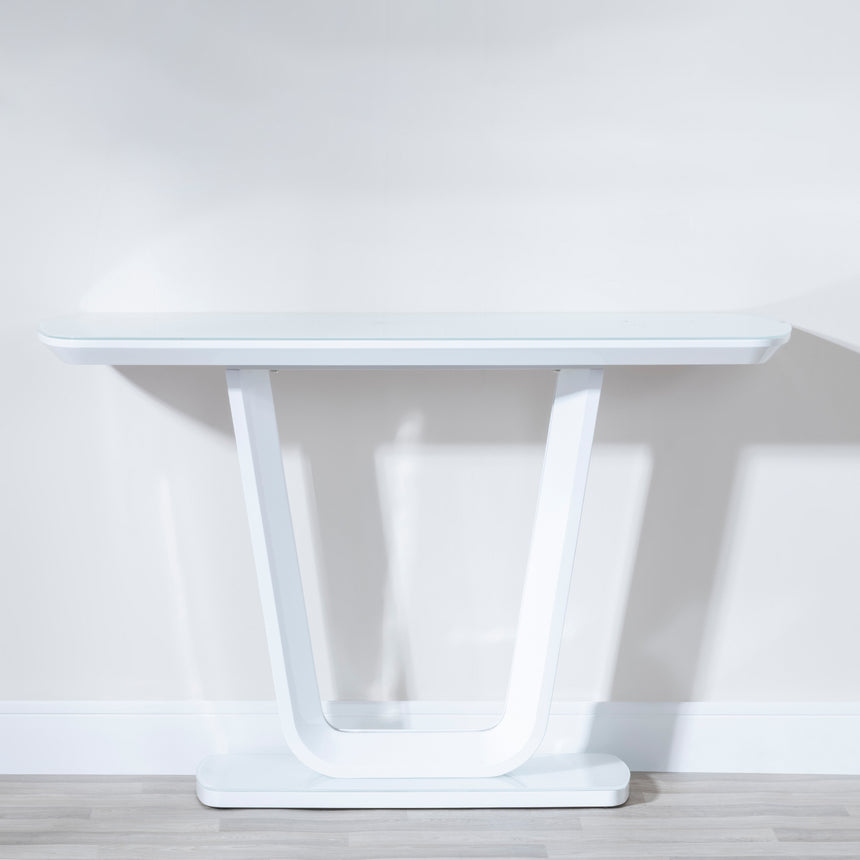 Bloomsbury White Glass Console Table with V Base