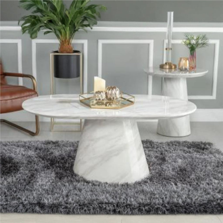 Modena White Marble Oval Coffee Table with Pedestal Base