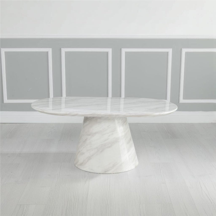 Modena White Marble Oval Coffee Table with Pedestal Base