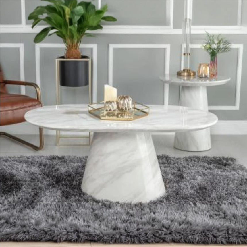 Modena White Marble Oval Coffee Table with Pedestal Base