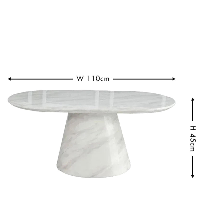 Modena White Marble Oval Coffee Table with Pedestal Base