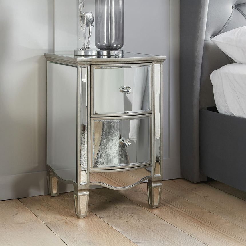 Alabama Mirrored 2 Drawer Narrow Bedside Cabinet