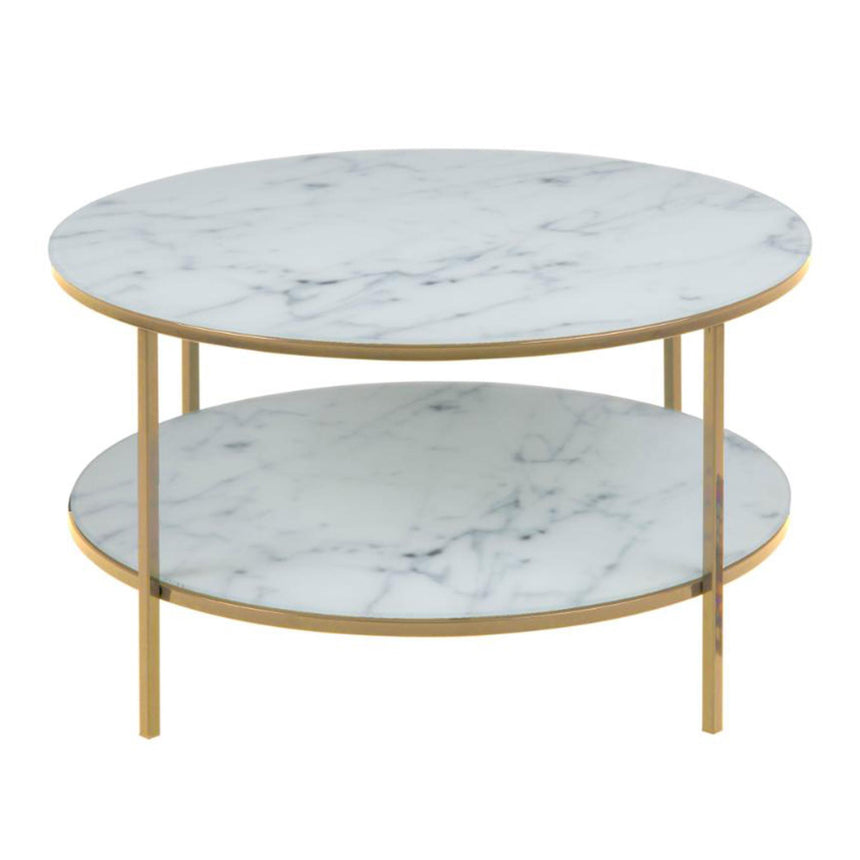 Alisma Coffee Table - Round - White Marble and Gold Metal - with Shelf