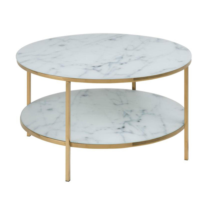 Alisma Coffee Table - Round - White Marble and Gold Metal - with Shelf