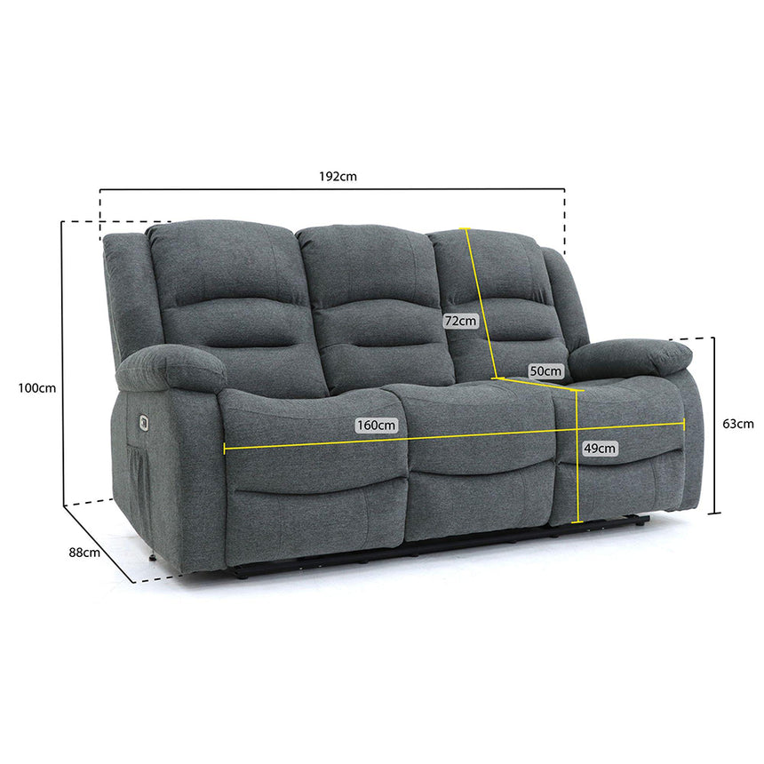 Alva Graphite Fabric Electric Recliner 3 Seater Sofa