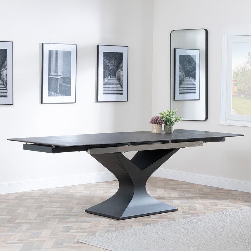Bronte Black Ceramic Extending Dining Table with Black Pedastal Base