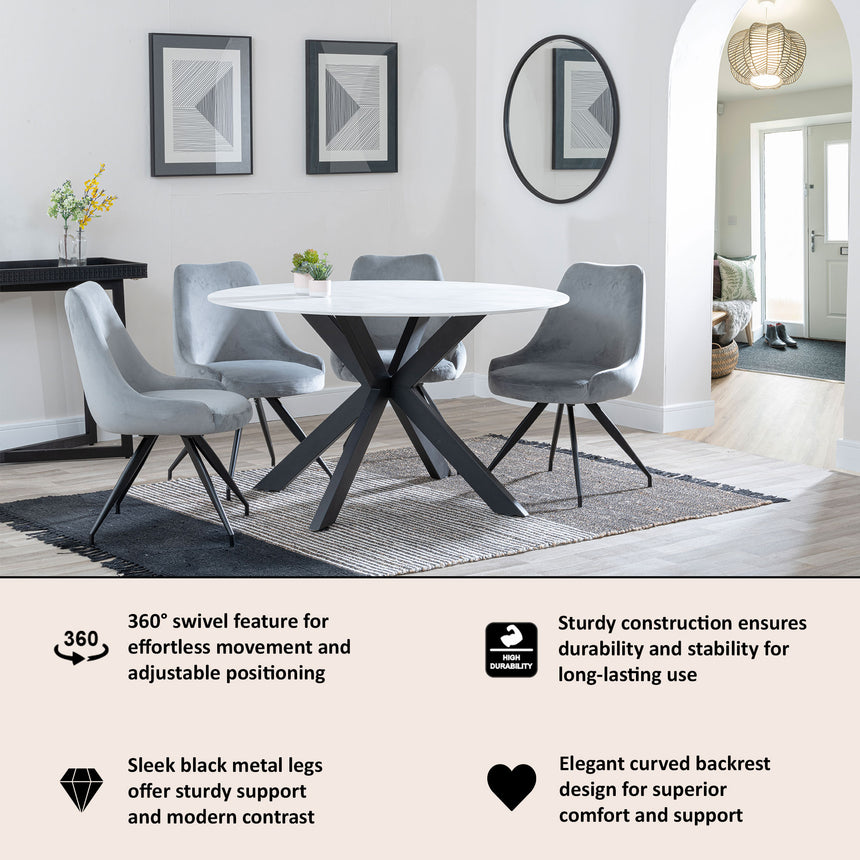 Diana Velvet Fabric Swivel Dining Chair with Black Legs