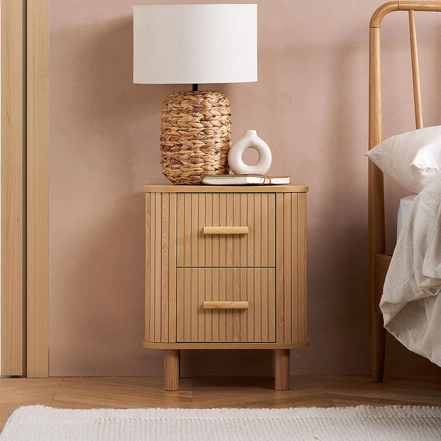 Arizona Oak Fluted 2 Drawer Curved Bedside Cabinet