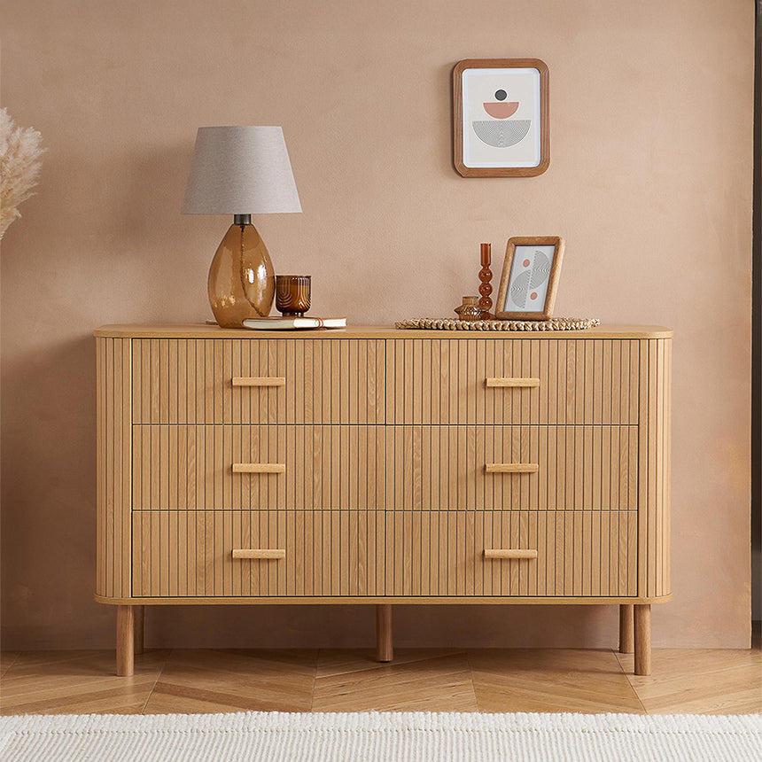 Arizona Oak Fluted 6 Drawer Curved Wide Chest