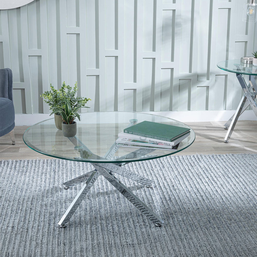 Ashley Glass Round Coffee Table with Chrome Metal Legs